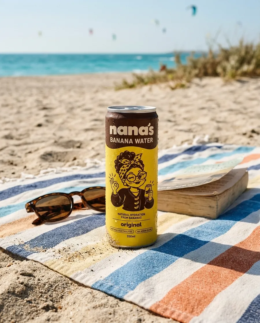 A can of Nana's on a striped towel at Kite Beach