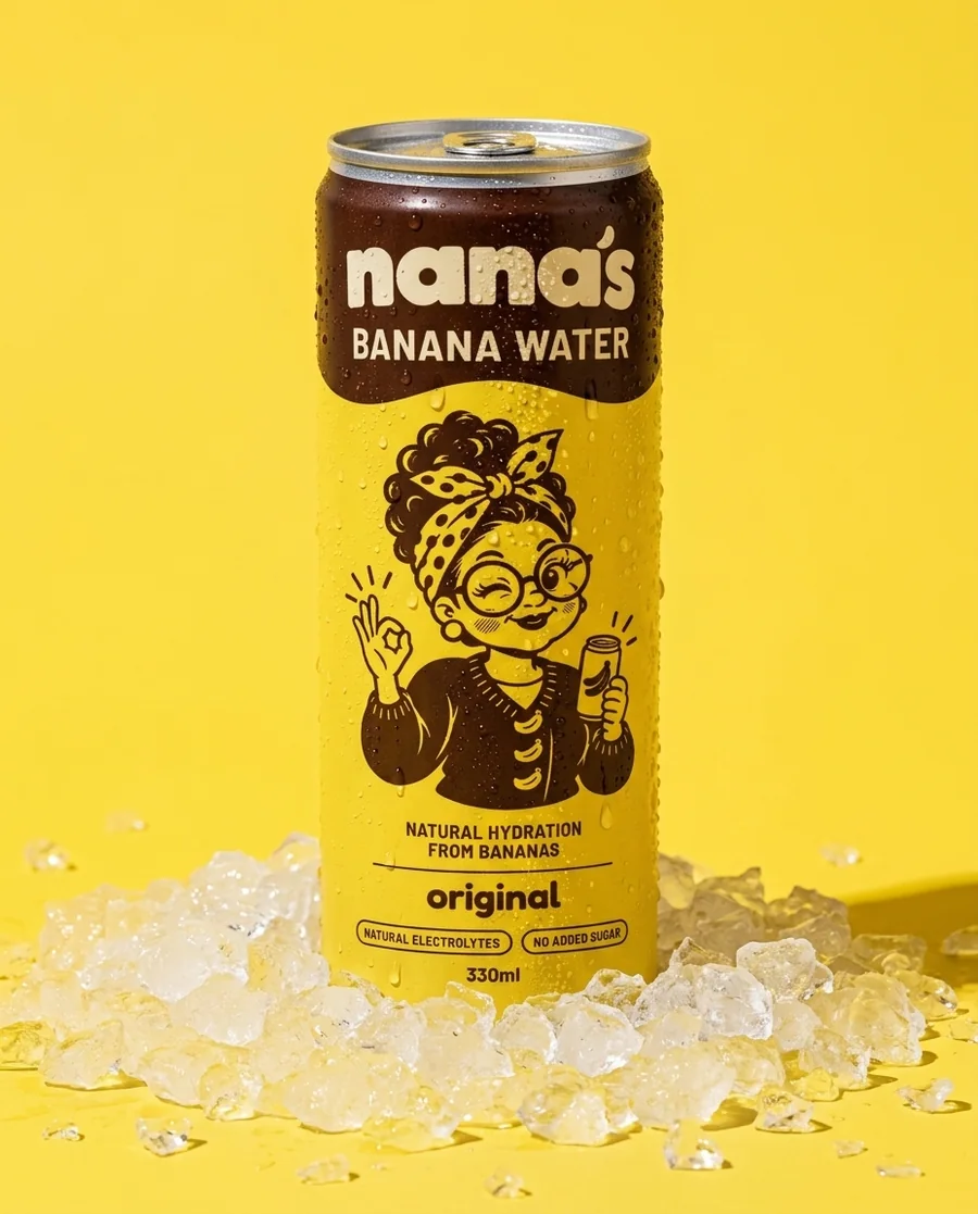 A can of Nana's Original standing in crushed ice on a yellow backdrop