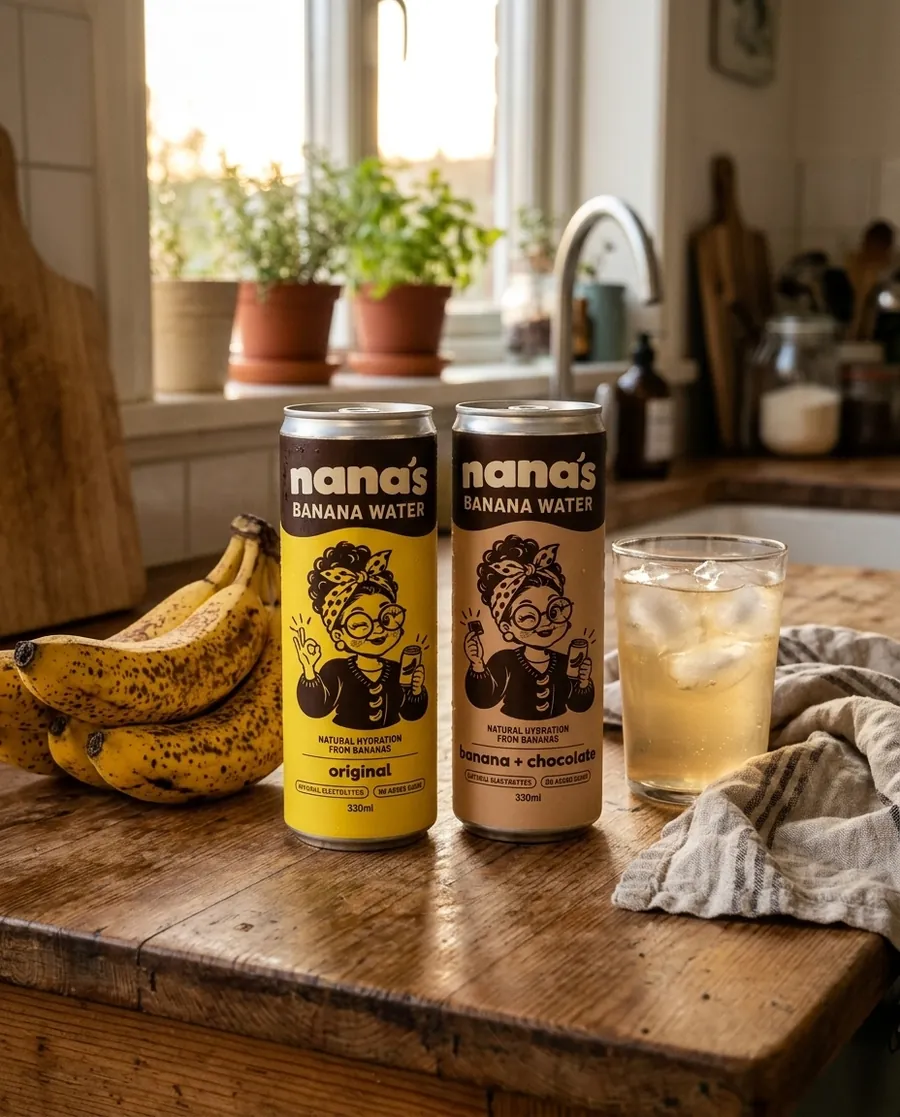 Nana's Original and Chocolate on a kitchen counter beside freckled bananas