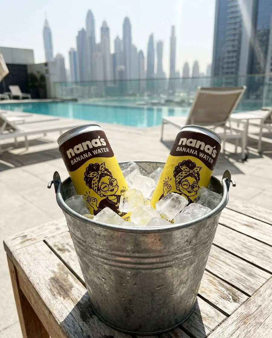 Two cans of Nana's Original in a bucket of ice by a rooftop pool in Dubai