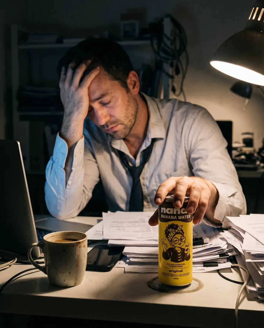 A man slumped at a desk at midnight with a can of Nana's under his hand