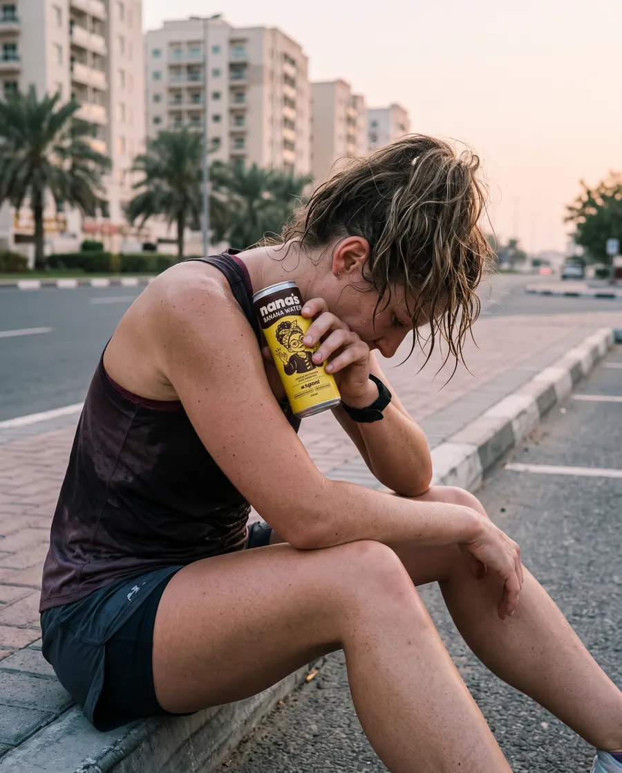 A runner on the kerb at dawn with a cold can of Nana's against her neck